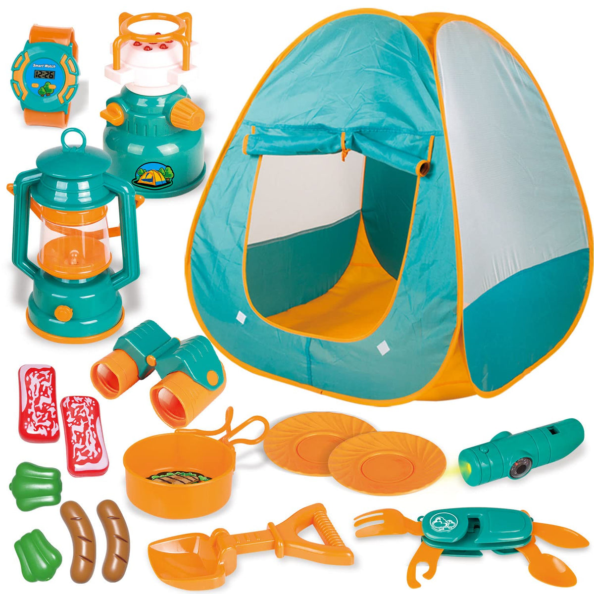 FUN LITTLE TOYS Pop Up Tent with Kids Camping Gear Set, Kids Play Tent Outdoor Toys Camping Tools Set for Kids