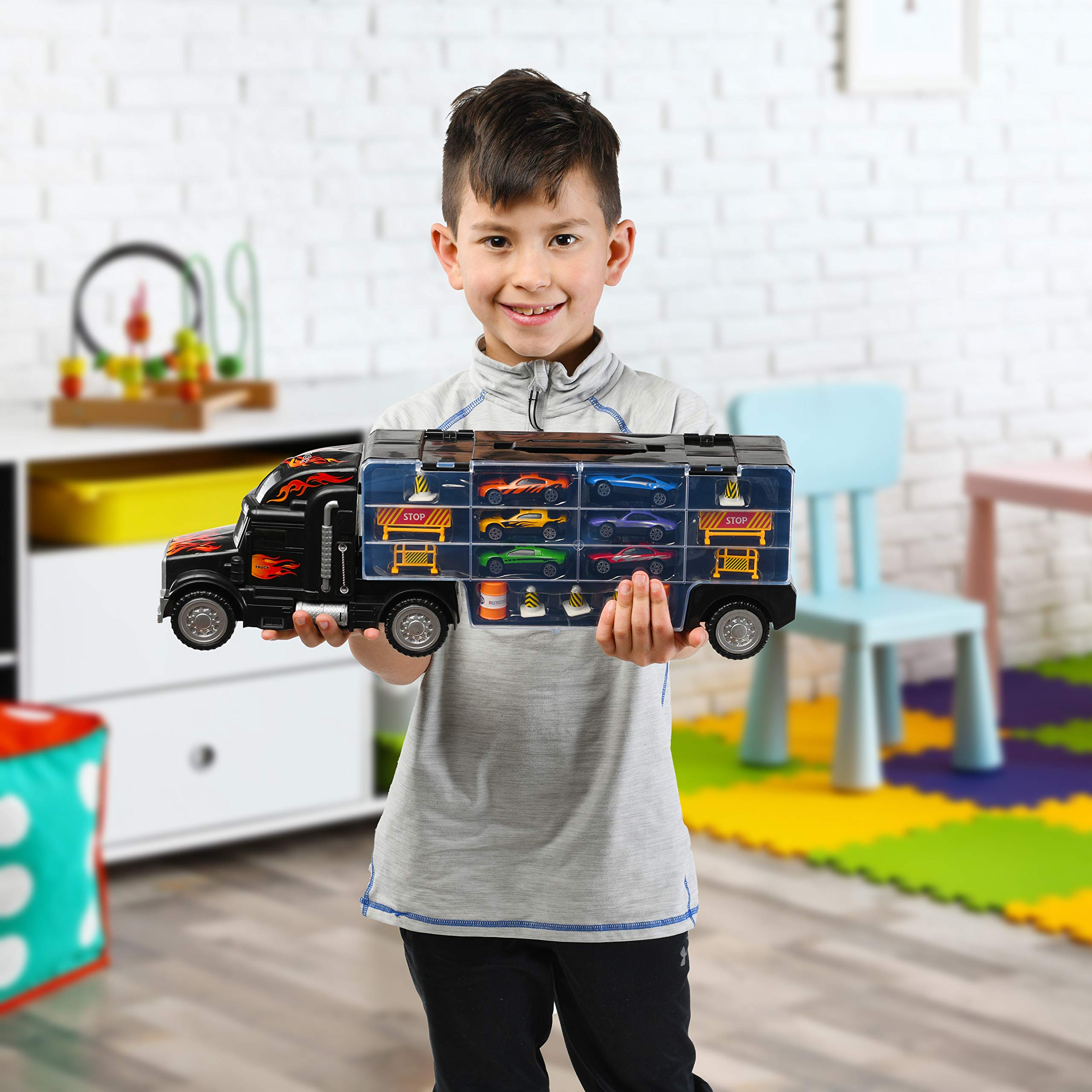 Play22 17 in 1 Kids Toys Ages 3-5, Truck Transport Car Carrier with 6 Cars, 11 Accessories, Birthday Gifts Toys for 3 Year Old Boys, Toddler Boy Toys